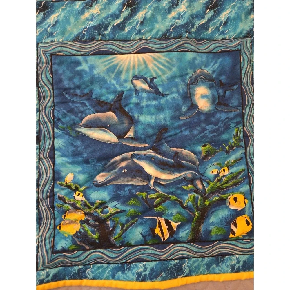 Handmade Crib Lap Blanket Ocean Life Dolphins Whales Blue Yellow 42
